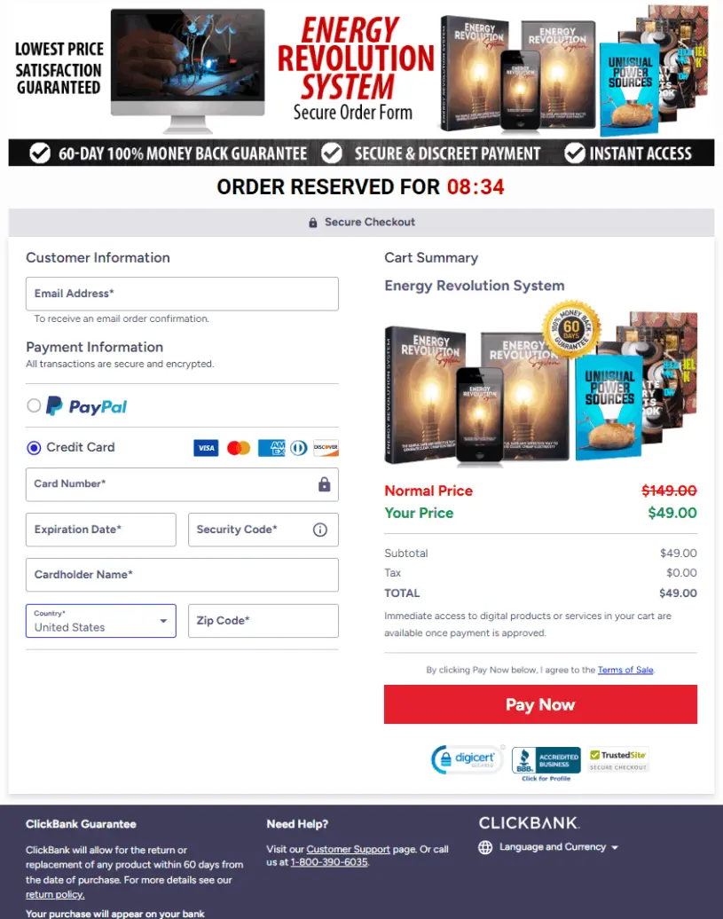 Secure order form and checkout page for Energy Revolution System